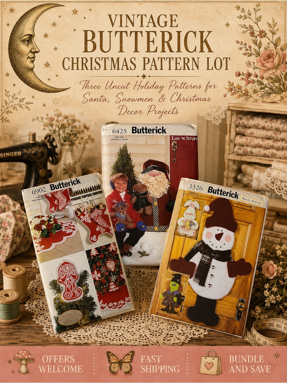 Vintage Butterick Christmas Craft Pattern Lot Santa Snowman Uncut